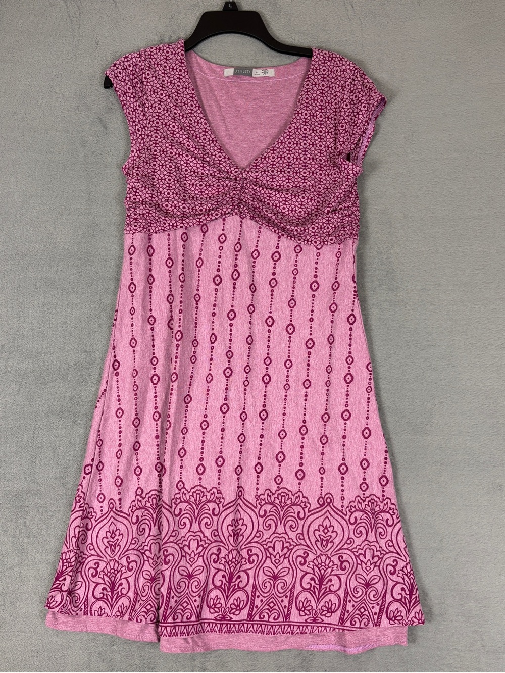 Athleta Pink Patterned V-Neck Midi Dress